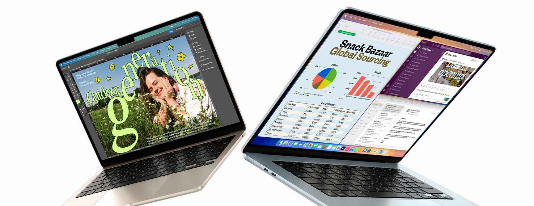 Częściowo otwarte MacBook Air 13 cali i MacBook Air 15 cali. Jeden ekran pokazuje zadanie w toku, na drugim widoczna jest realizacja wielu zadań w skrzynce e‑mail i arkuszach kalkulacyjnych.
