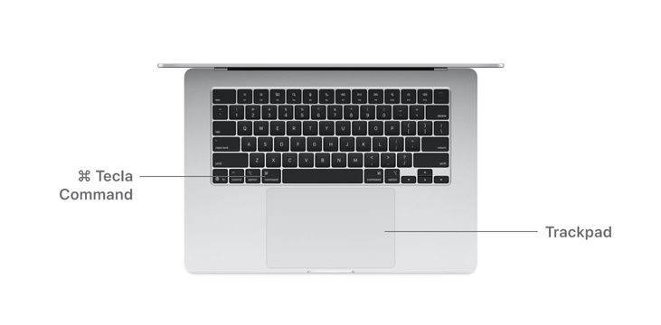 Vista de cima do MacBook Air com processador M4, com destaque da tecla Command e trackpad.