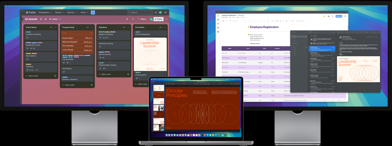MacBook Pro cu două Studio Display-uri - pe ecran, un utilizator se pregătește pentru o conferință de leadership, urmărind sarcinile în aplicația Trello, pregătind o prezentare și verificând fișierele de design prin e-mail