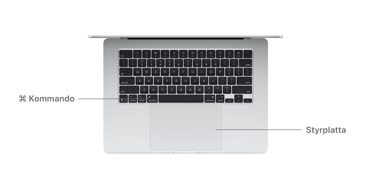 Kommando-tangenten och styrplattan på MacBook Air M4 visas ovanifrån.