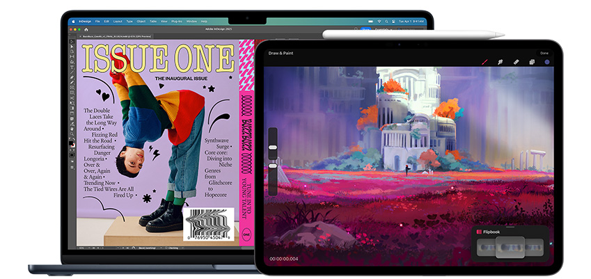 แอปด้านการออกแบบที่แสดงอยู่บน MacBook และ iPad พร้อมด้วย Apple Pencil Pro ที่วางอยู่ข้างๆ iPad