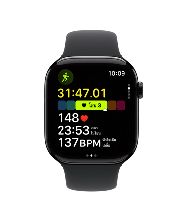 Apple Watch Series 10, สายแบบ Sport Band สีดำ, ด้านหน้า, UI แสดงข้อความว่าออกกำลังกาย, วิ่งกลางแจ้ง, โซนอัตราการเต้นของหัวใจ