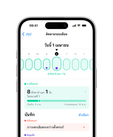 iPhone 16, ด้านหน้า, UI แสดงข้อความว่าสุขภาพ, การติดตามรอบเดือน