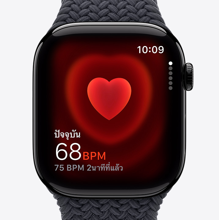 The ECG app screen on Apple Watch Series 10 showing a red heart with particles moving inside. Text says "Hold your finger on the crown."