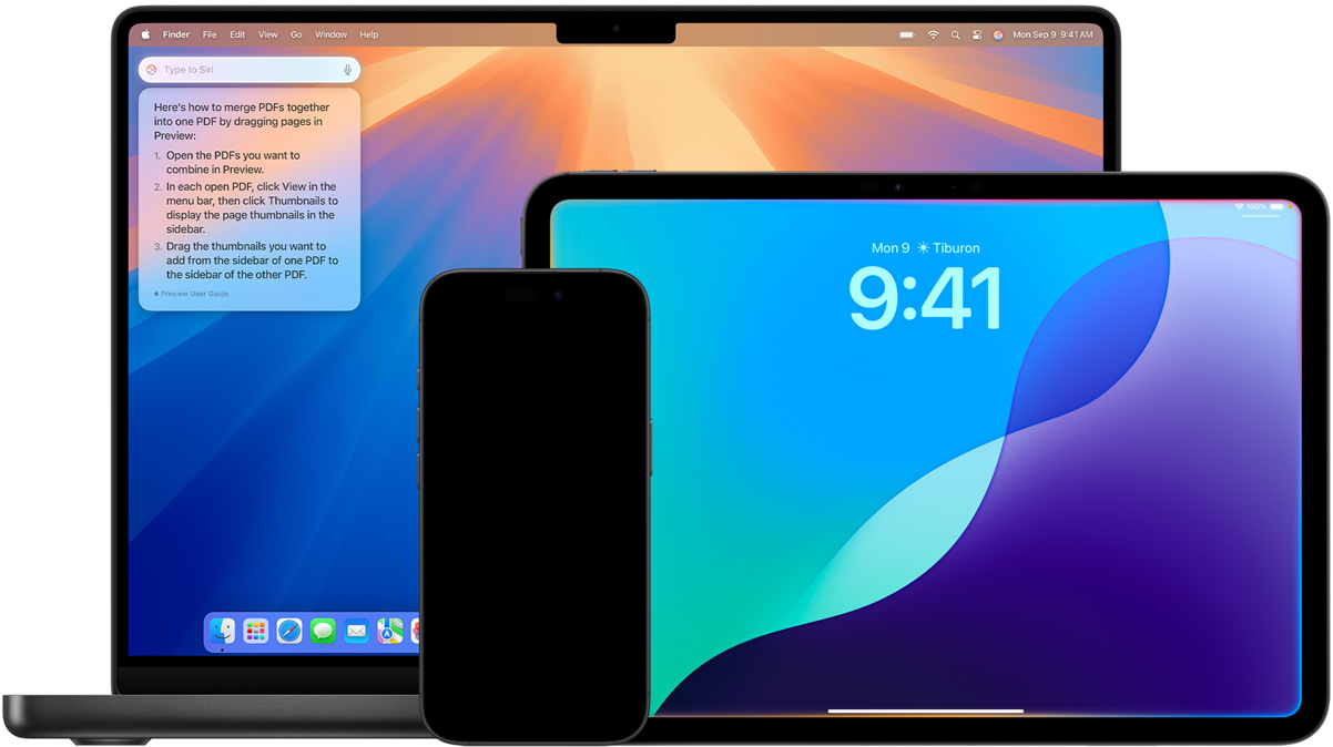 Apple Intelligence tarafından desteklenen yeni Siri özellikleriyle Mac, iPad ve iPhone gösteriliyor