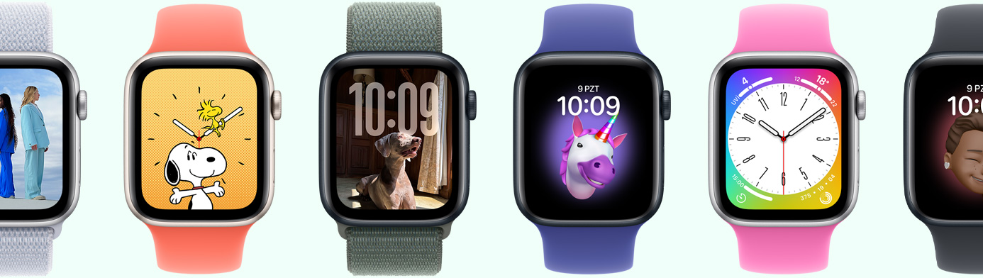 Memoji, Fotoğraflar, Portre ve Snoopy dahil olmak üzere çeşitli saat kadranı seçeneklerinin gösterildiği altı adet Apple Watch aygıtı
