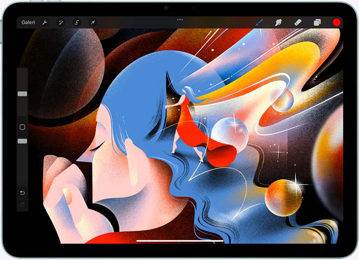 iPad Air, yatay pozisyonda, ekranında Procreate uygulamasında bir illüstrasyon gösteriliyor