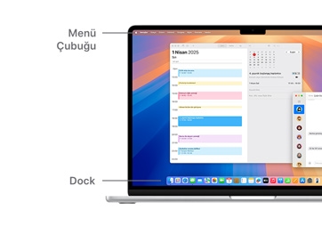 macOS’te gezinme turu, MacBook aygıtı ekranının üst kısmındaki Menü Çubuğu ve Dock gibi.