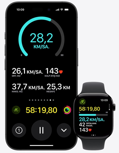 Yan yana duran iPhone ve Apple Watch, Bisiklet antrenmanı ölçümlerini gösteriyor