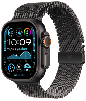 Siyah titanyum kasaya ve Siyah Titanyum Milano Loop kordona sahip Apple Watch Ultra 2.