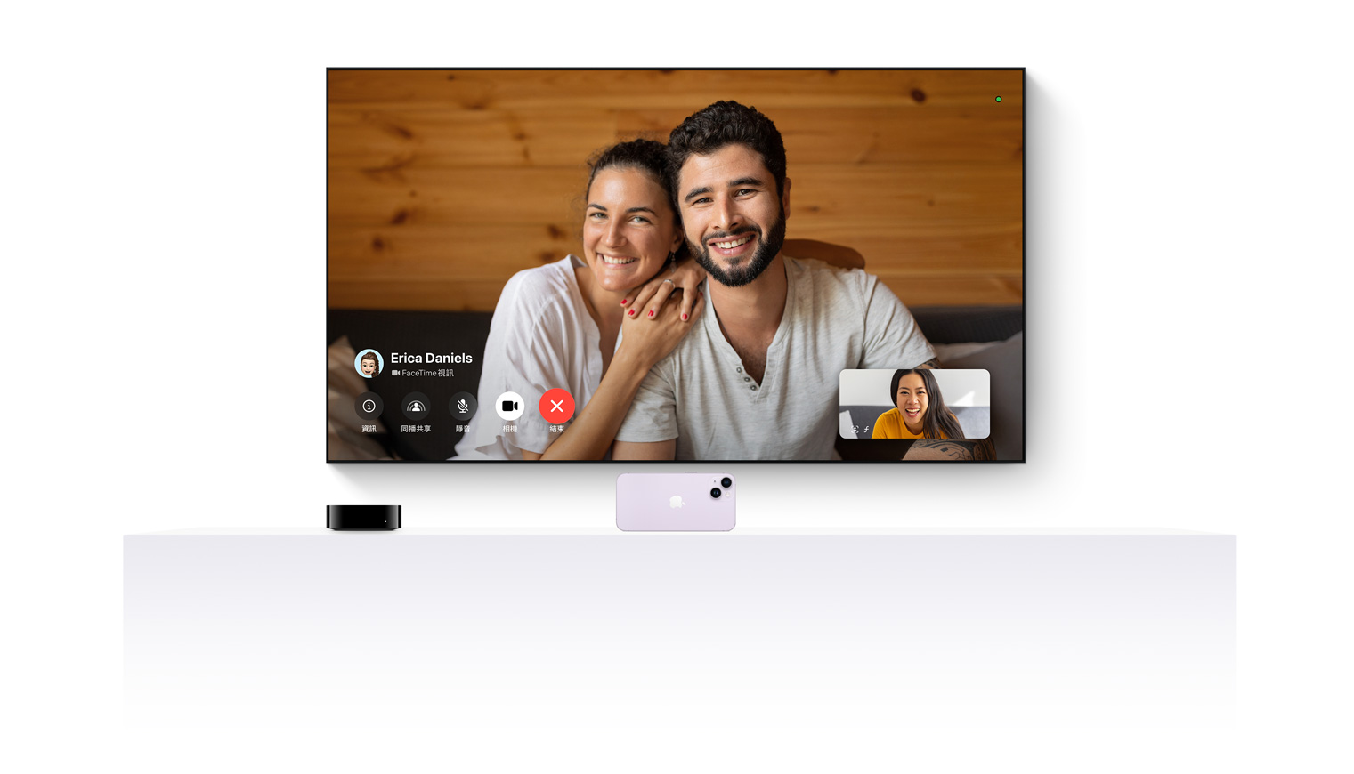 Apple TV 4K 和 iPhone 配合運作,讓 FaceTime 在平面電視上呈現。