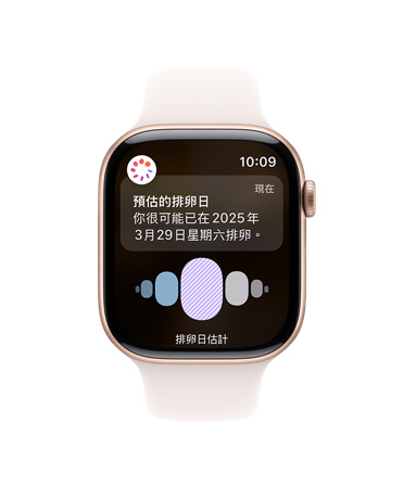 Apple Watch Series 10 搭配白色運動型錶帶的正面圖，介面展示排卵日及週期記錄