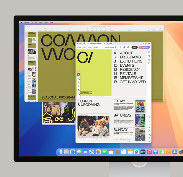 色彩繽紛的螢幕畫面,展示 Dock 中的多款 app,以及正在使用的 Safari 和 Adobe Acrobat