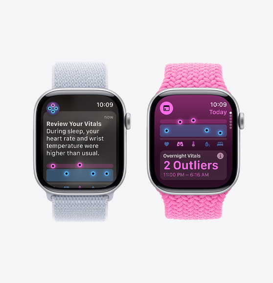Перегляд сповіщення про показники на Apple Watch Series 10 та додаток «Життєві показники», що показує нічні показники з двома відхиленнями від норми на Apple Watch Series 10.