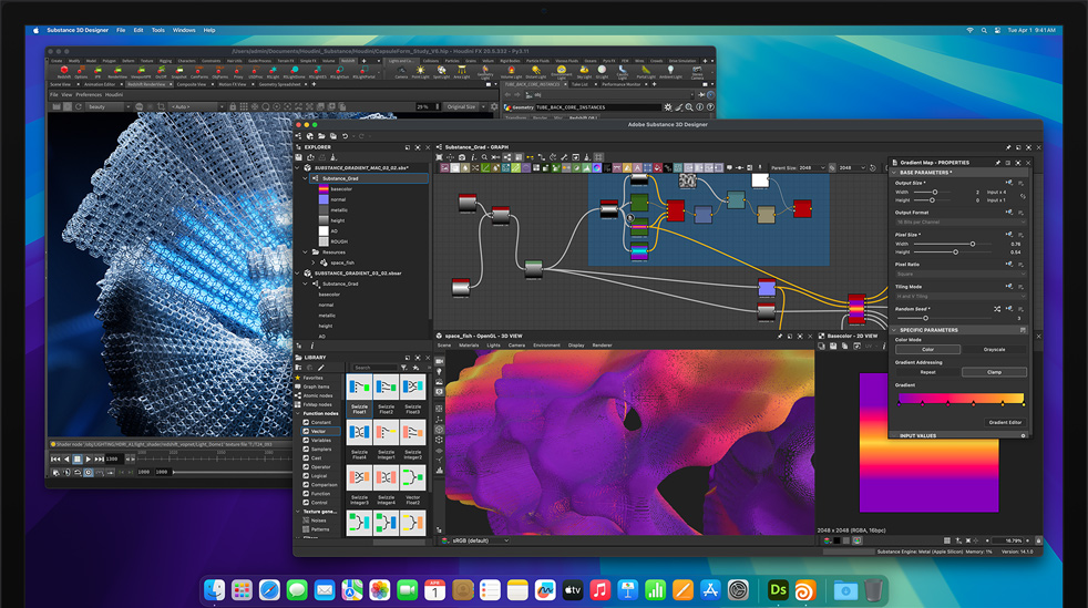 Екран додатків Adobe Substance 3D Designer, Houdini та Redshift, що використовуються для редагування на Mac Studio із чипом M4 Max