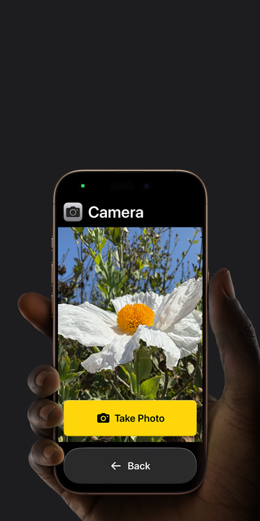 iPhone 16 Pro screen showing simplified Camera app interface with a white flower in the frame, “Take Photo” button, and “Back” button below