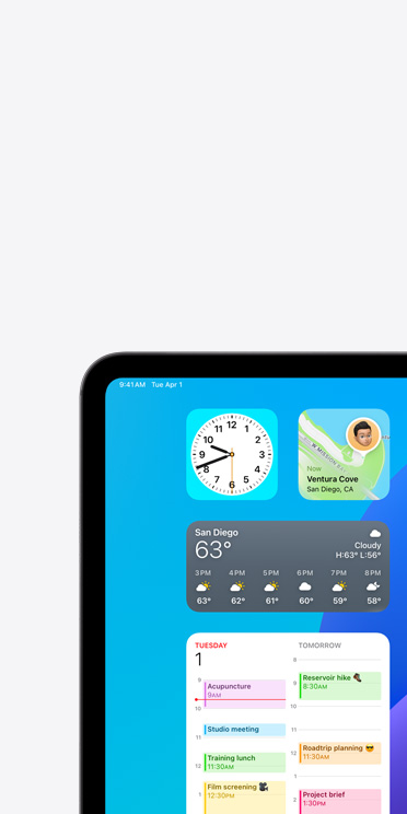 VoiceOver feature on iPad Pro screen showing Weather app widget with audio output “Weather, San Diego, 63 degrees”