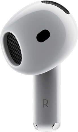 AirPods 4 تعرض الجهة الأمامية من سماعة AirPod، مع إشارة إلى عبارة