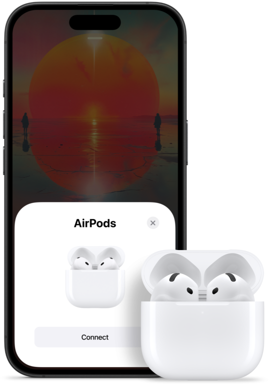 裝有 AirPods 4 的開蓋充電盒,旁邊有部 iPhone,顯示已連接的 AirPods 4。