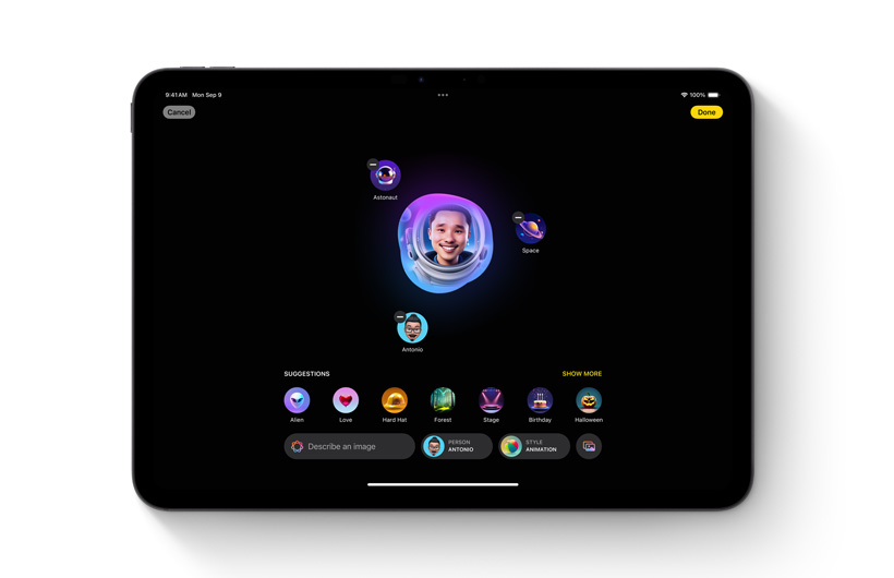 Image Playground uygulaması iPad’de gösteriliyor. Özel oluşturulmuş bir görüntünün, görüntüyü elde etmek için kullanılan farklı fikirler ve anahtar kelimelerle çevrili görseli.