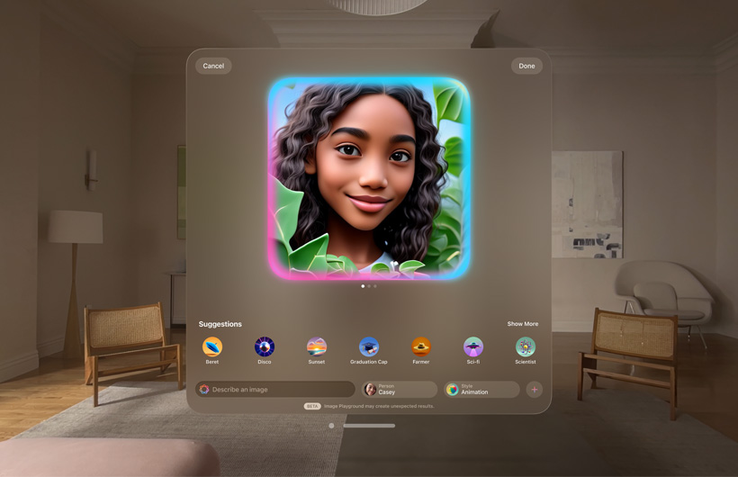 The Image Playground interface on Apple Vision Pro. A colorful illustration of a young person surrounded by vegetation is displayed in the center, below the illustration are numerous buttons labeled "Beret", "Disco", and "Sunset".