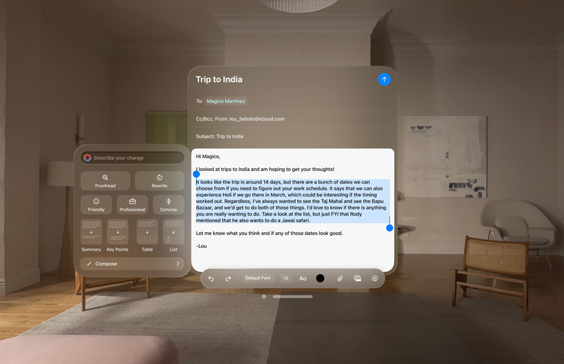 An email being written in the Mail app of Apple Vision Pro with Apple Intelligence Writing Tools being used to examine email language.