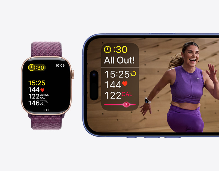 An Apple Fitness+ workout with time, heart rate, and calories burned metrics on an iPhone next to an Apple Fitness+ workout showing the same metrics on an Apple Watch Series 10.