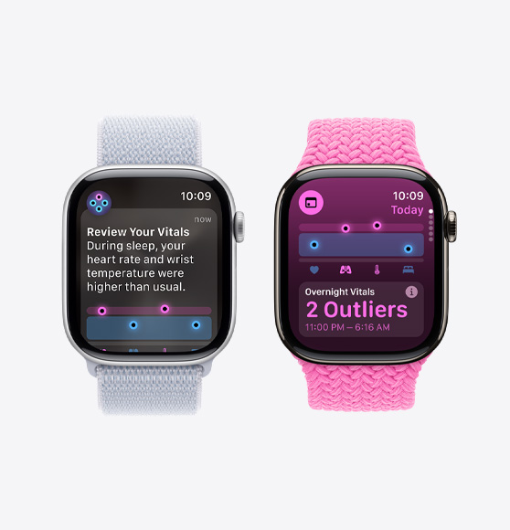 A review of your vitals notification on an Apple Watch Series 10 and the Vitals app showing overnight vitals with two outliers on an Apple Watch Series 10.