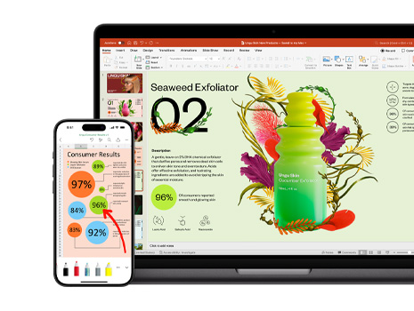 Bir cilt bakım ürününe odaklanan canlı ve renkli bir sunumun farklı bölümlerini gösteren bir Mac ve bir iPhone.