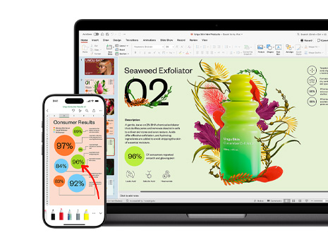 A Mac and an iPhone displaying different sections of a vibrant and colorful presentation focused on a skincare product.