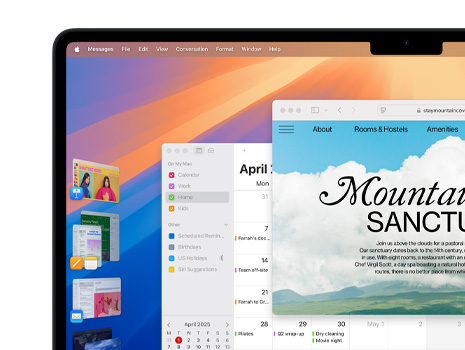 Multiple windows and apps displayed on a screen using Stage Manager, including Keynote, Pages, Mail, and a website.