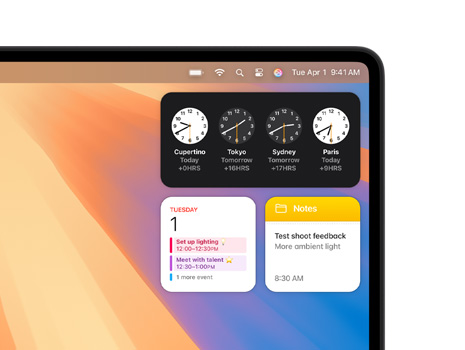 Various widgets on a Mac desktop including Clock, Calendar, and Notes.