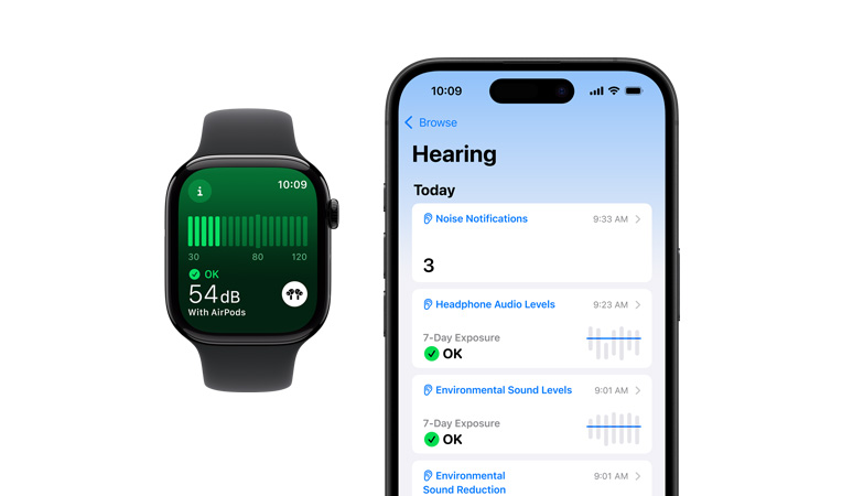 Apple Watch Series 10, black Sport Band, UI reads noise measuring, next to it is an iPhone 16, UI reads Hearing, Environmental Sound levels, and Environment