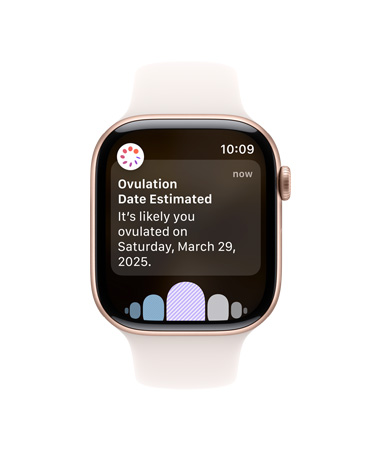 Apple Watch Series 10, white Sport Band, front, UI reads  Ovulation, Cycle History