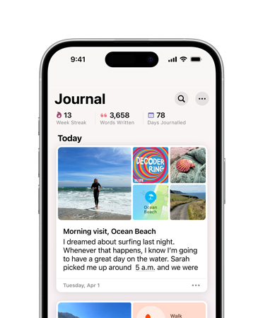 iPhone 16 front, display reads Journal