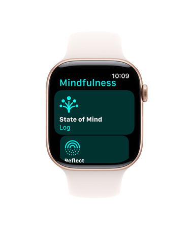 Apple Watch Series 10, white Sport Band, front, UI reads Mindfulness, State of Mind, Log