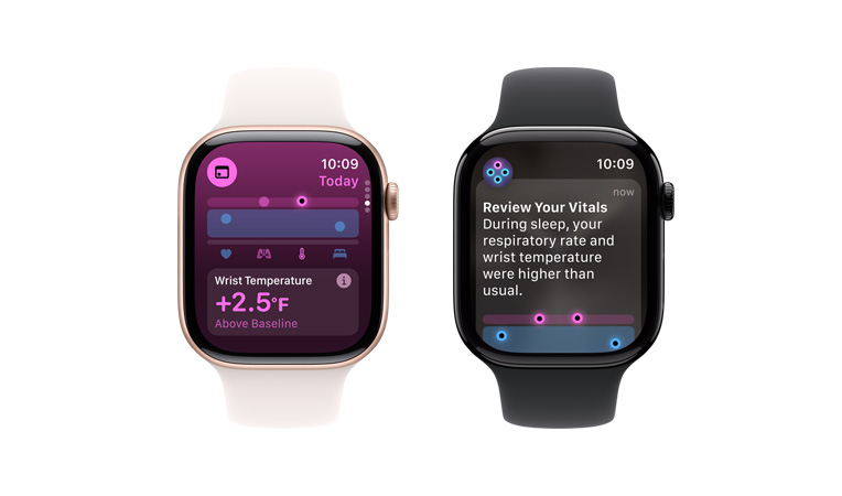 Apple Watch Series 10, white Sport band, UI reads Vitals, Wrist Temperature, next to it is a second Apple Watch Series 10, black sport band, UI reads Vitals, Wrist Temperature, Heart Rate, Analysis