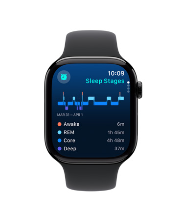 Apple Watch Series 10 front, black Sport Band, UI reads Sleep, Sleep Stages, Analysis, and Time Asleep