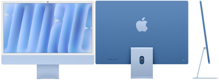 藍色 iMac 的正面、背面和側面圖