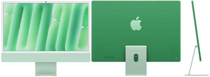 綠色 iMac 的正面、背面和側面圖