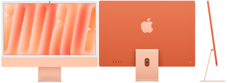 橙色 iMac 的正面、背面和側面圖