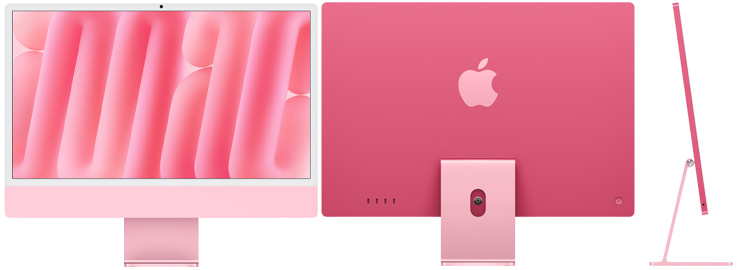 粉紅色 iMac 的正面、背面和側面圖