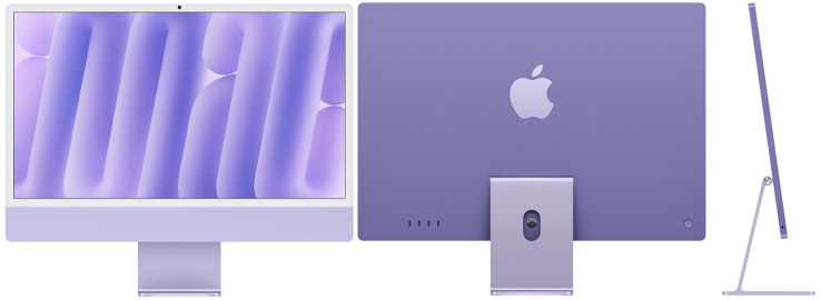 紫色 iMac 的正面、背面和側面圖