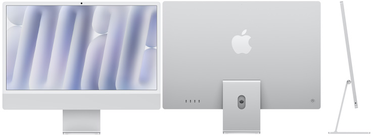 銀色 iMac 的正面、背面和側面圖