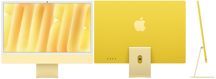 黃色 iMac 的正面、背面和側面圖