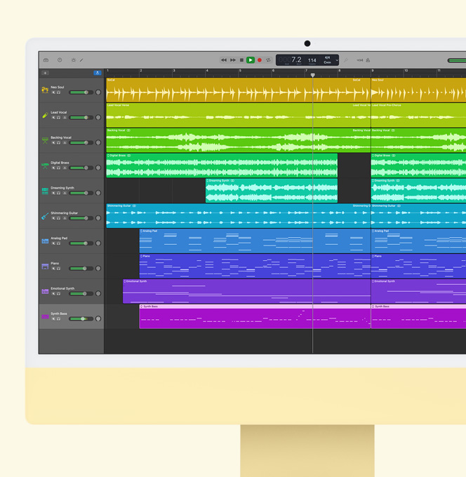 Gul iMac. En skärm med GarageBand
