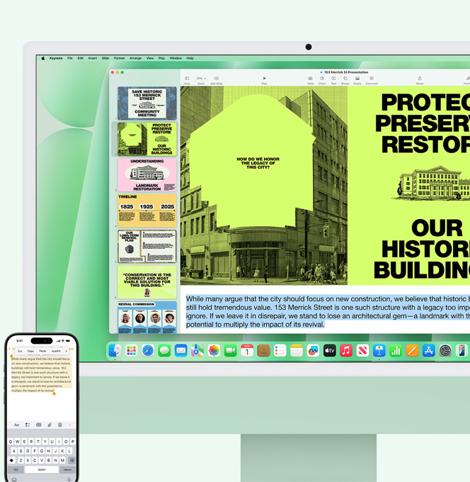 Green iMac and iPhone side by side. Text from iPhone’s Notes app being copied and pasted onto iMac