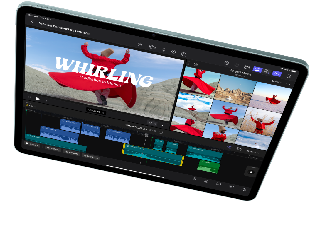 جهاز iPad Air في الوضع الأفقي، ويعرض تعديل الفيديوهات في Final Cut Pro‏
