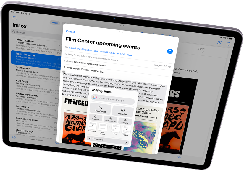 iPad Air in horizontale stand met de Apple Intelligence-feature Schrijfhulp en Mail
