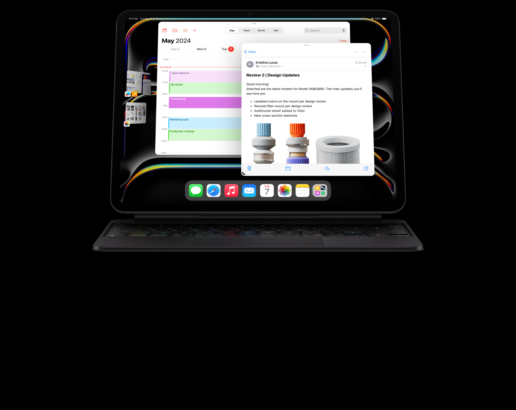 iPad Pro w układzie poziomym podłączony do klawiatury Magic Keyboard z widocznymi na ekranie wieloma apkami używanymi jednocześnie